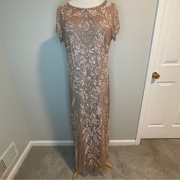 Pisarro Nights Beaded Mesh Midi Cocktail Dress Nude - Picture 2 of 9